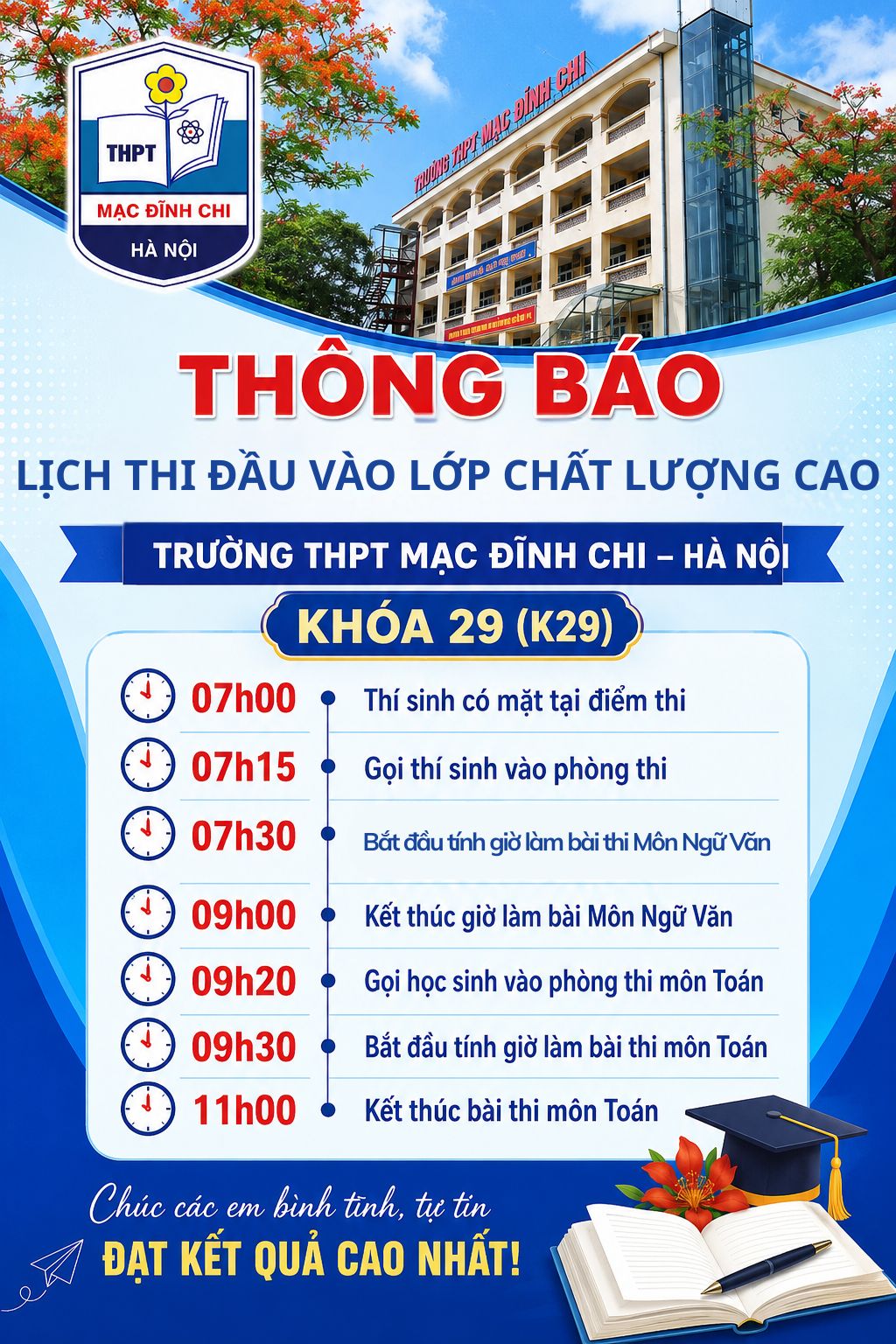 LỊCH THI ĐẦU VÀO LỚP CHẤT LƯỢNG CAO 1