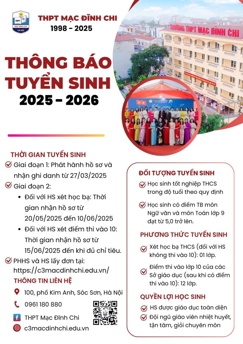 TH&Ocirc;NG B&Aacute;O TUYỂN SINH NĂM HỌC 2025 - 2026
